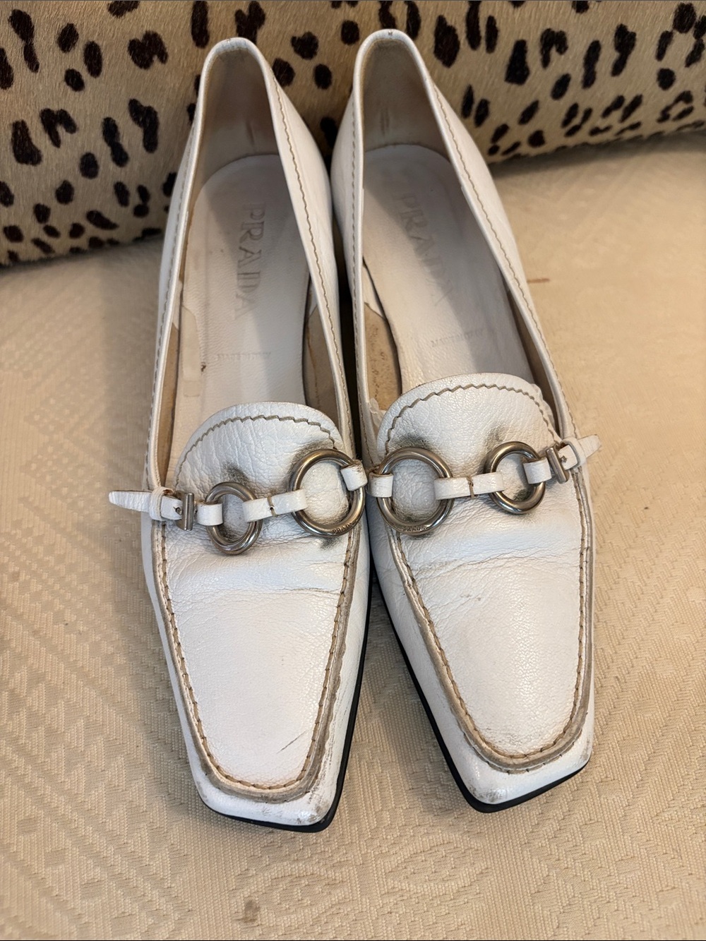 Prada White Leather Loafers with Silver-Tone Horsebit